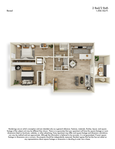 Reveal 3D Floor Plan 2 Bed 2 Bath 1004sf